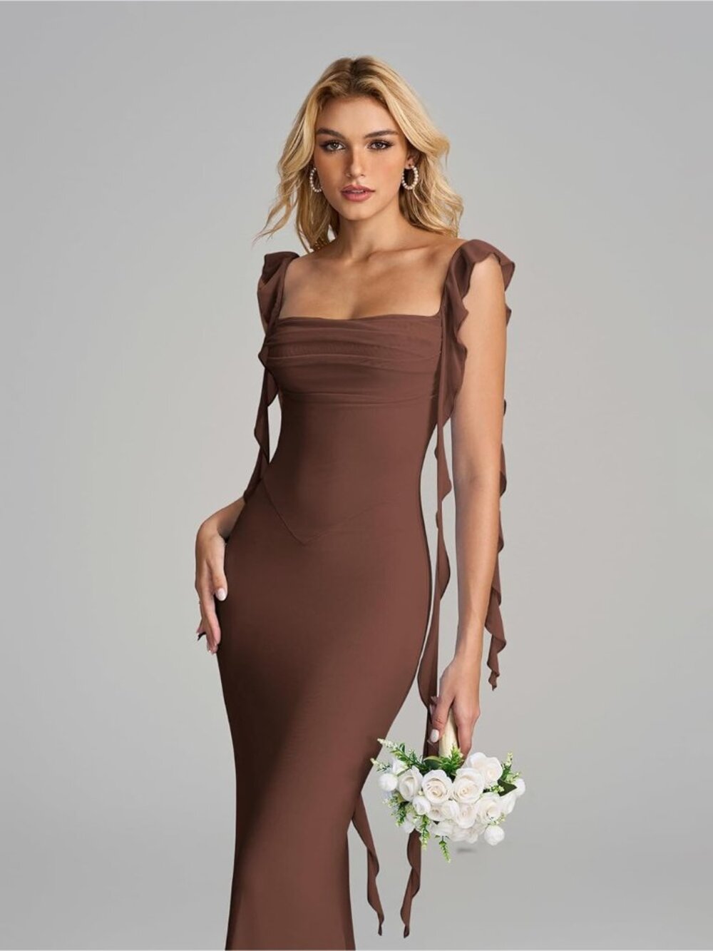 Women's Brown Boat Neck Elegant Ruffle Bodycon Formal Cocktail Maxi Dress - Picture 5 of 5